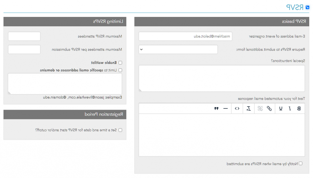 RSVP section which appears when editing events in LiveWhale.