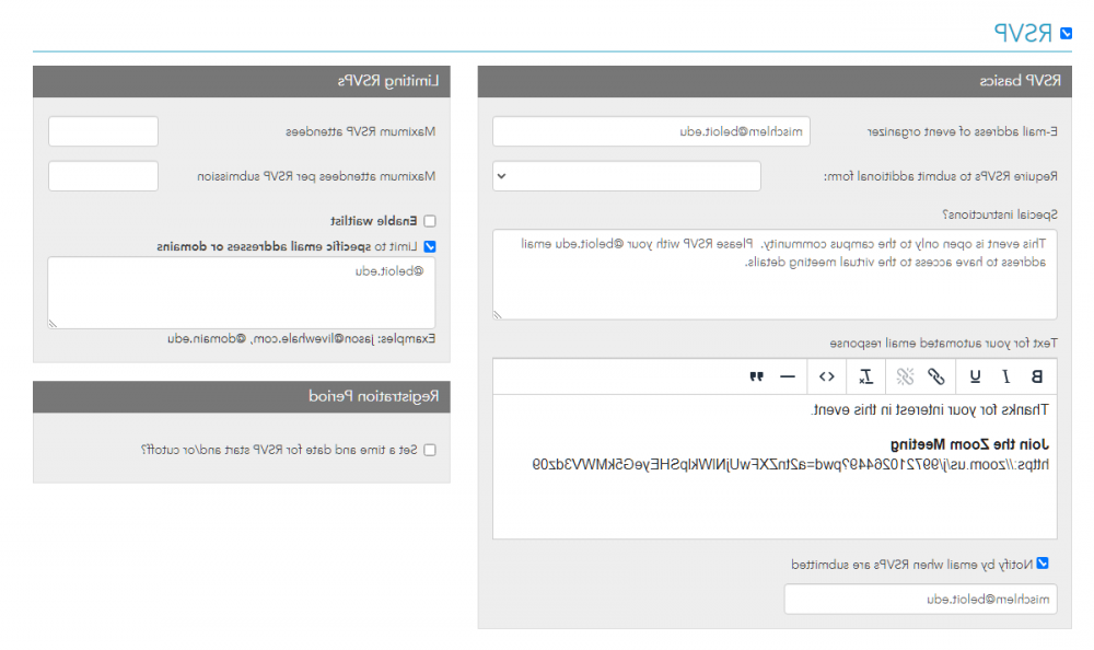 RSVP section with fields completed to promote a campus virtual event.