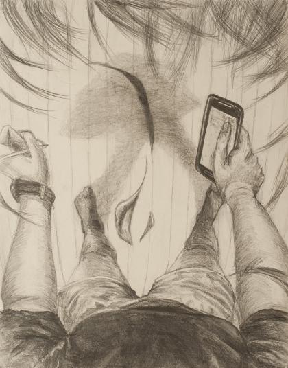 This self portrait by Grace Adams '17 is drawn from a first person perspective.